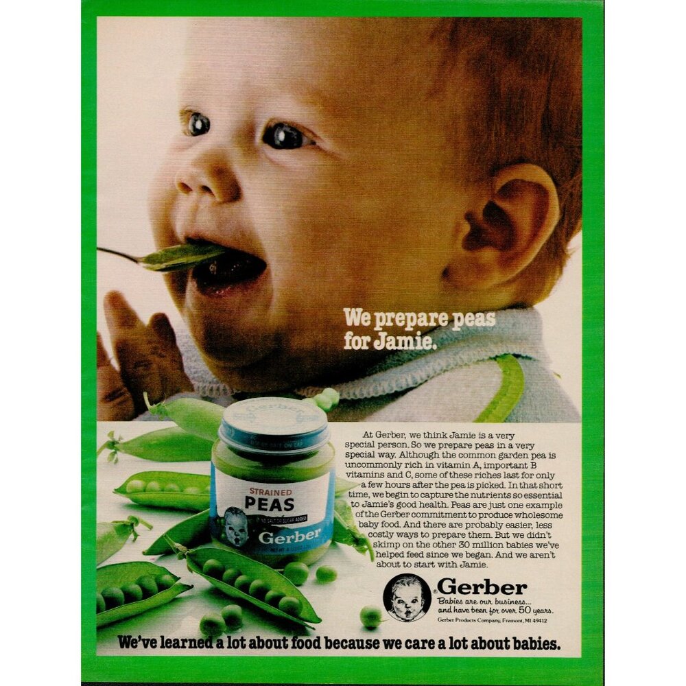 Gerber Baby Food f/ Peas 1982 Vintage Print Ad (L16)